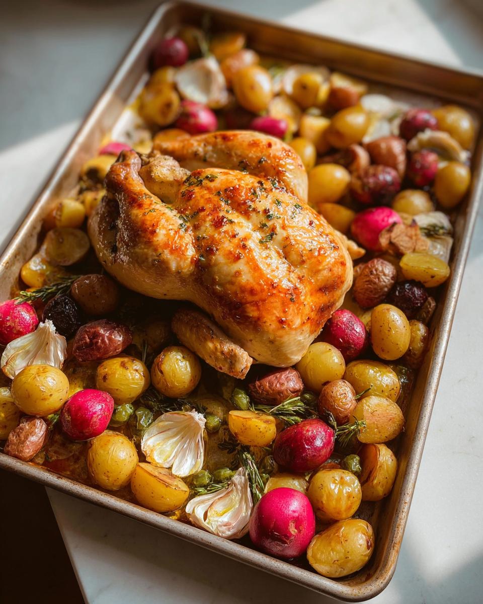 A golden-brown whole roast chicken sits on a baking sheet surrounded by roasted potatoes, radishes, garlic, and herbs, perfect for restaurant-style easy dinner recipes at home.