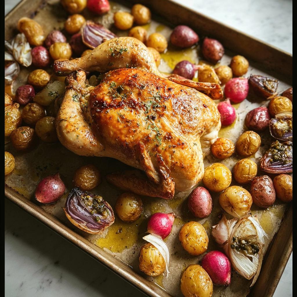 A golden brown whole roast chicken with roasted potatoes, red onions, and garlic on a baking sheet.