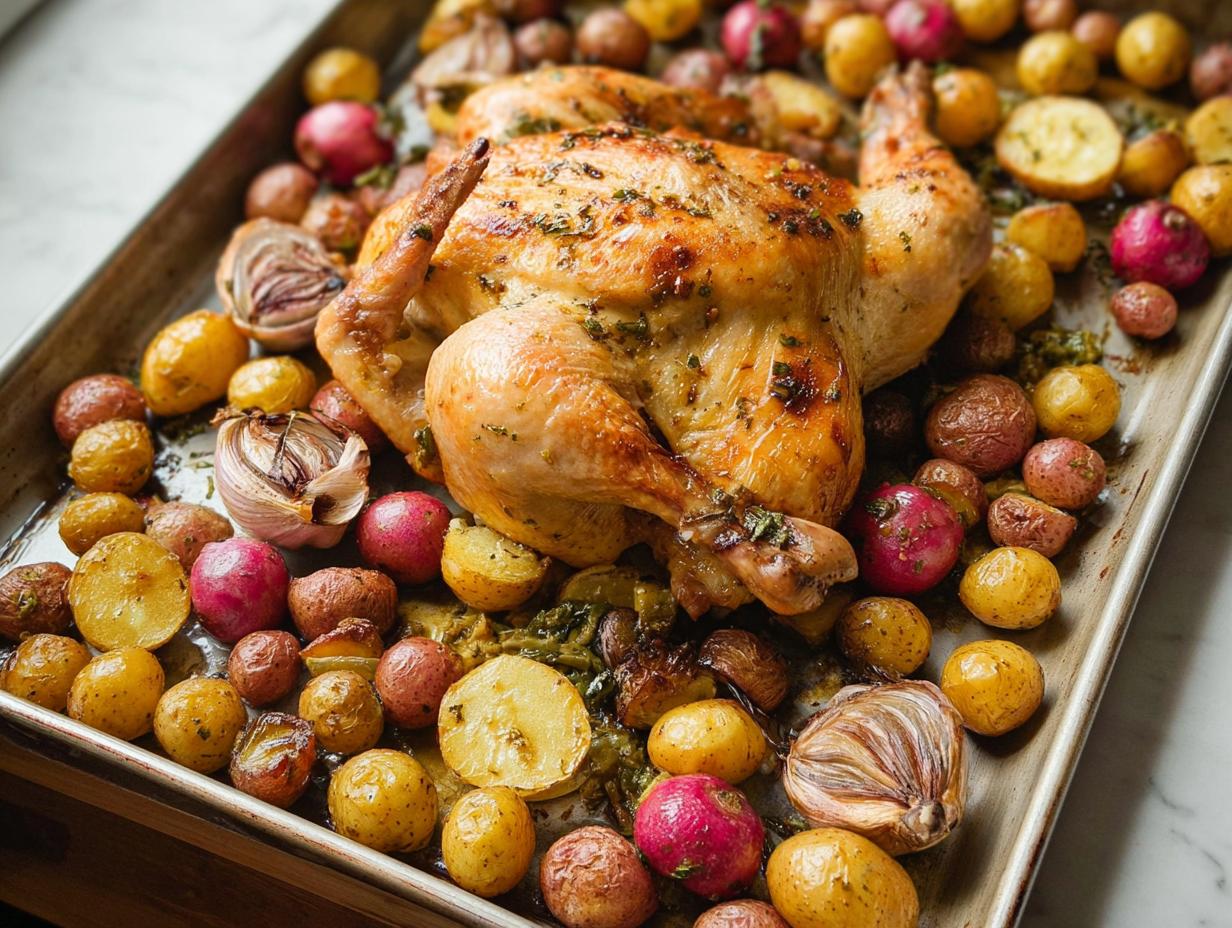 A golden-brown whole roast chicken surrounded by colorful baby potatoes and red onions on a baking sheet, perfect for restaurant-style easy dinner recipes at home.