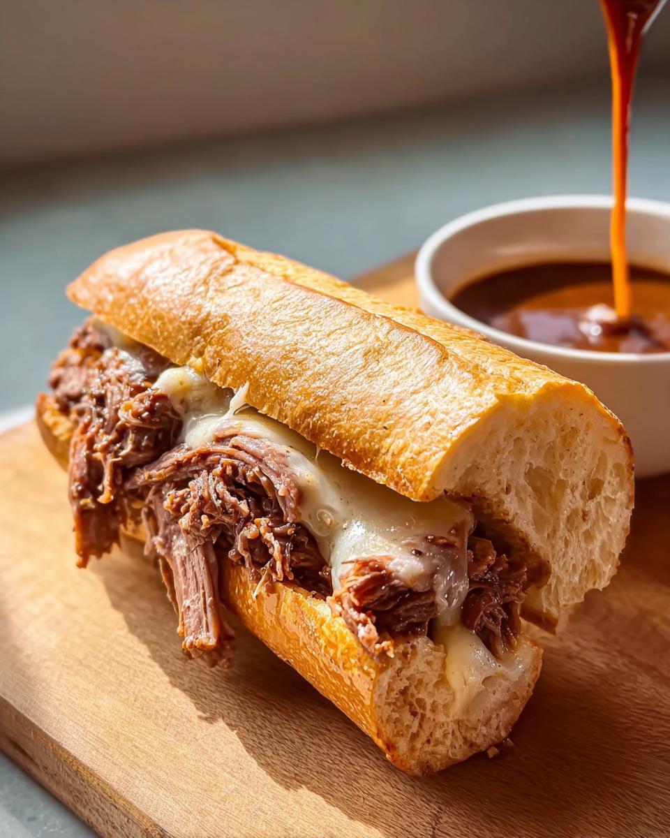 A juicy beef dip sandwich with melted cheese, ready for dipping in au jus, perfect for quick dinner recipes.