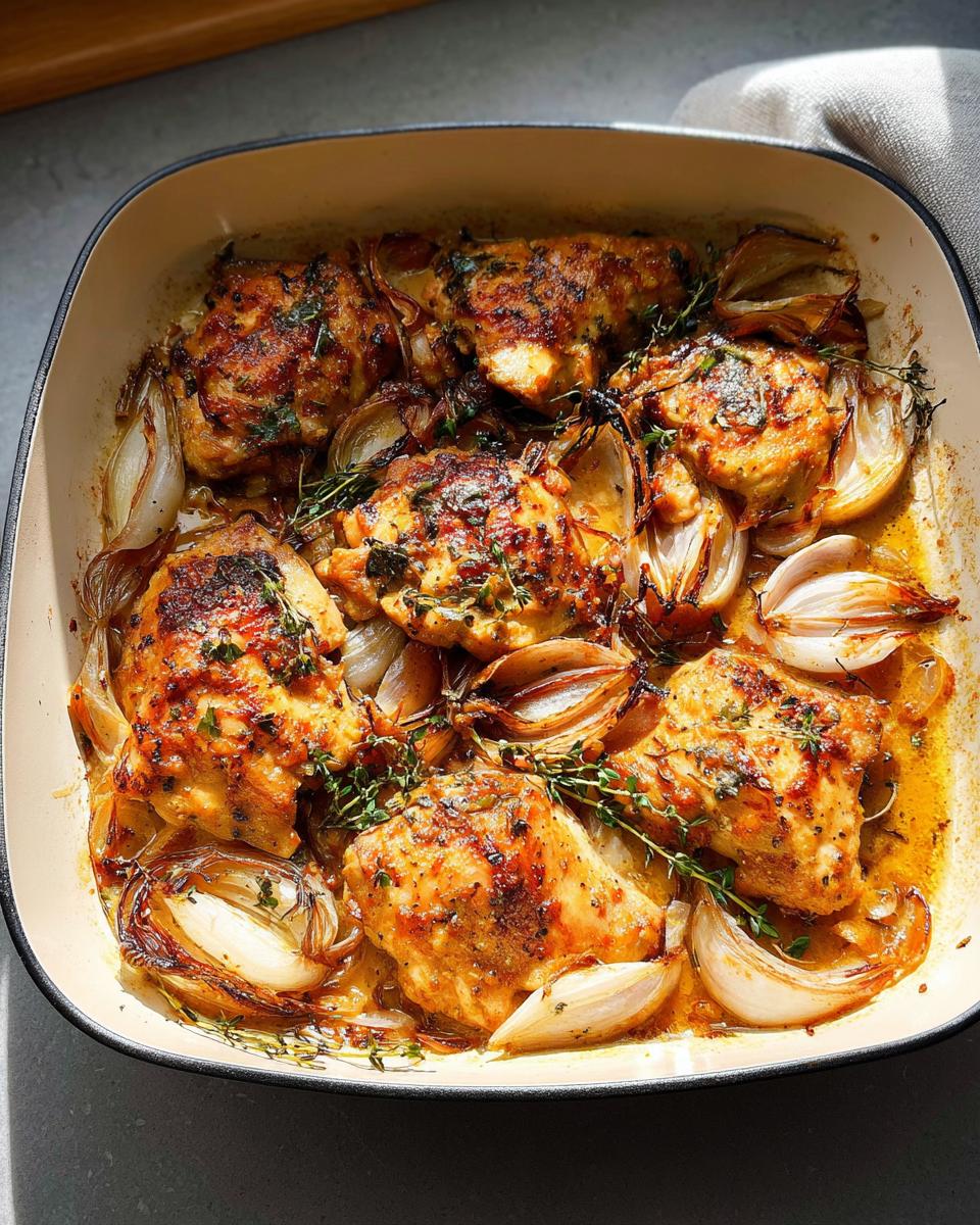 Close-up of juicy, golden-brown chicken thighs baked with caramelized onions and fresh herbs in a baking dish.