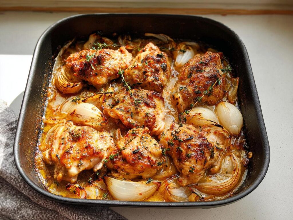 A baking dish filled with juicy, golden-brown chicken thighs and caramelized onions, seasoned with herbs.