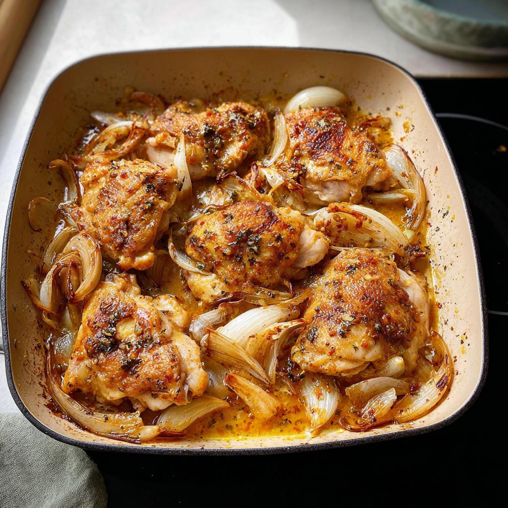 Golden brown baked chicken thighs with caramelized onions in a baking dish, part of 20-Minute Chicken Thigh Recipes.