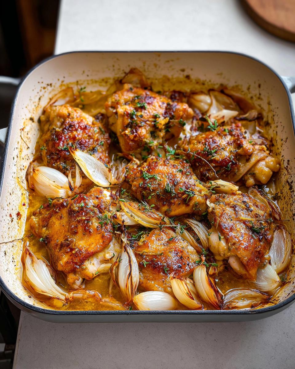 A close-up of juicy, golden-brown chicken thighs roasted with caramelized onions in a white baking dish, garnished with fresh herbs.