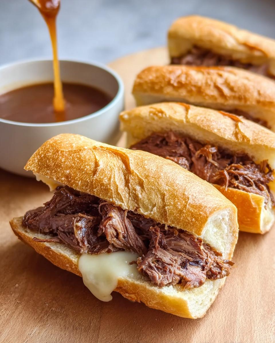 Close-up of a juicy French Dip sandwich with melted cheese, part of a 20 minute dinner recipe.