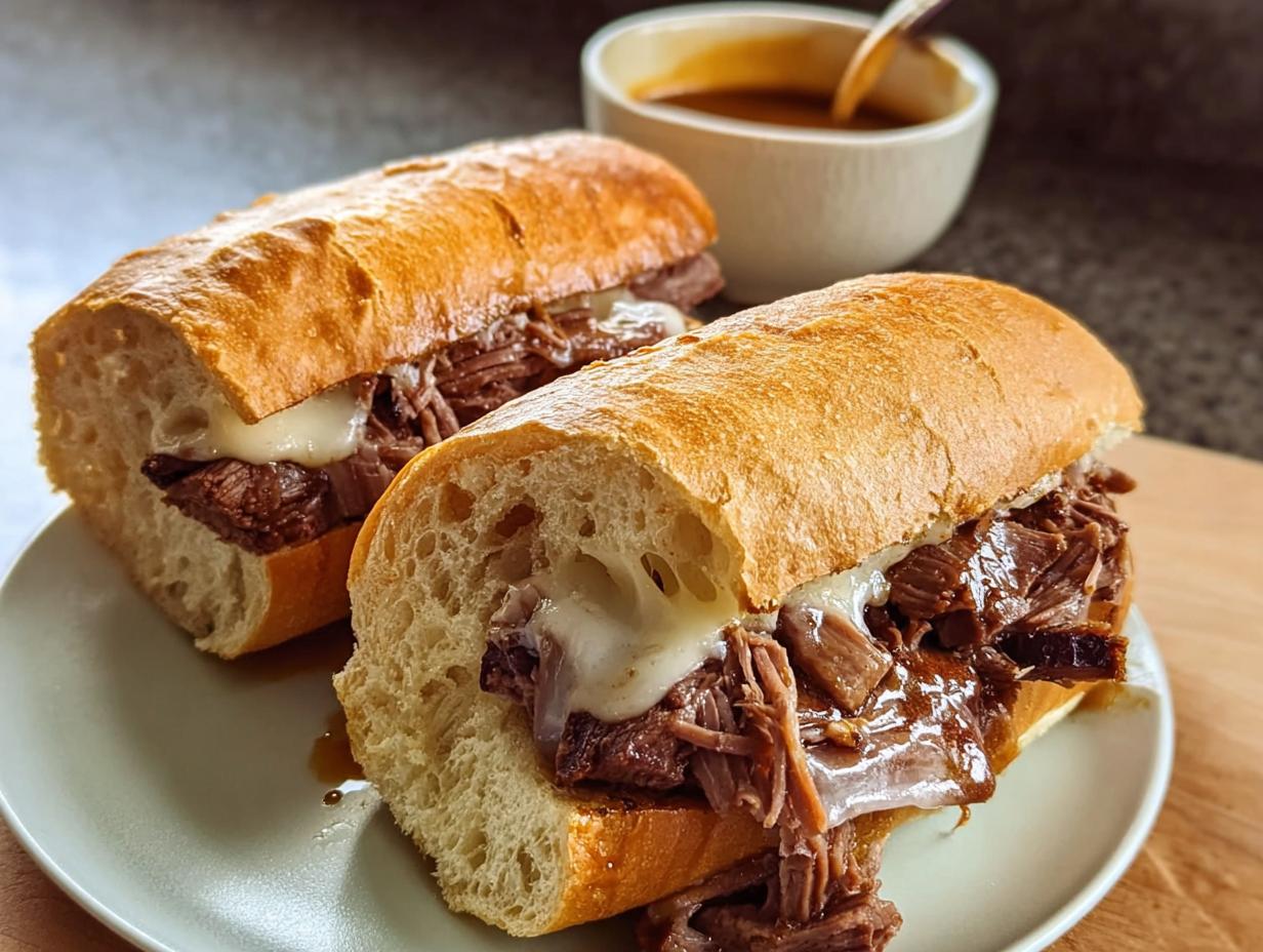 Two delicious French dip sandwiches filled with shredded beef and melted cheese, served with a side of au jus for dipping. A perfect 20-minute dinner recipe.