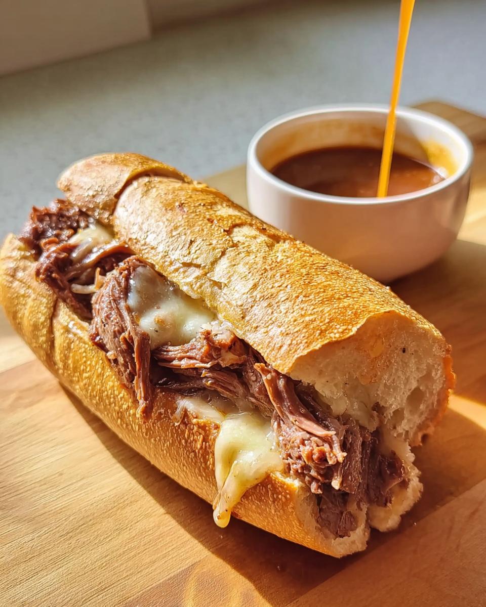 A delicious French dip sandwich with melted cheese and shredded beef, ready for dipping in au jus, perfect for 20 minute dinner recipes.