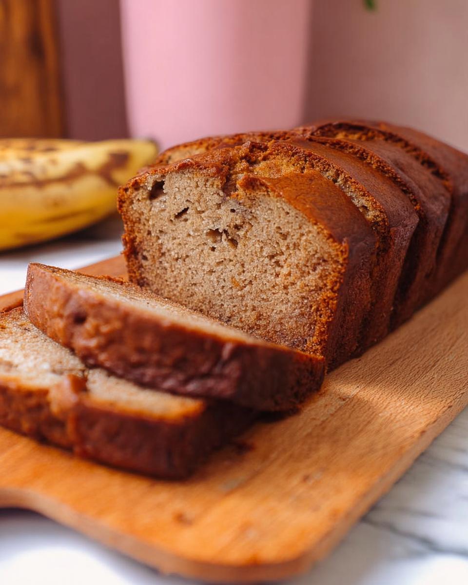 Close-up of sliced 5-Ingredient Banana Bread on a wooden board, with a banana in the background.