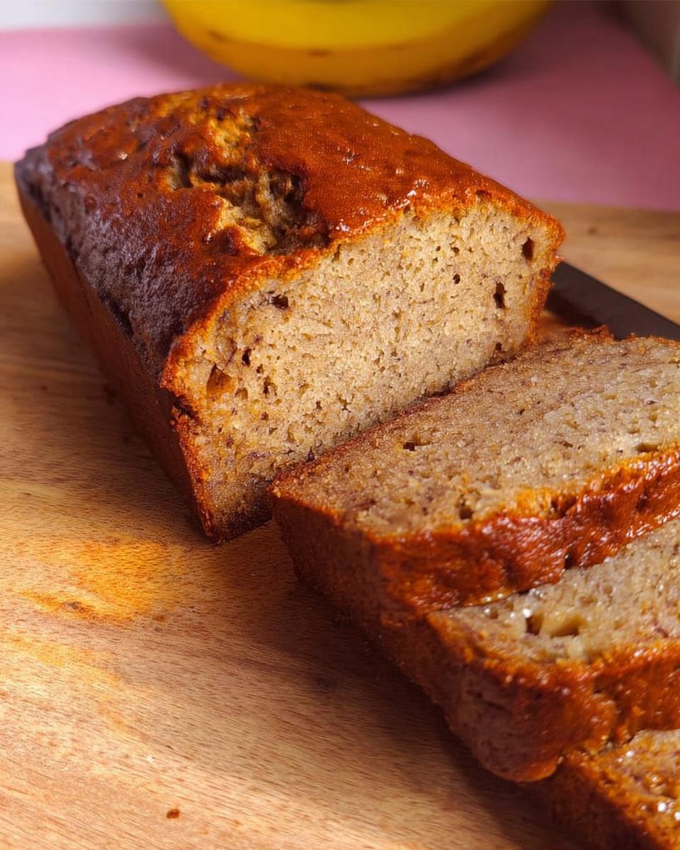 Close-up of moist 5-Ingredient Banana Bread, sliced on a wooden cutting board.