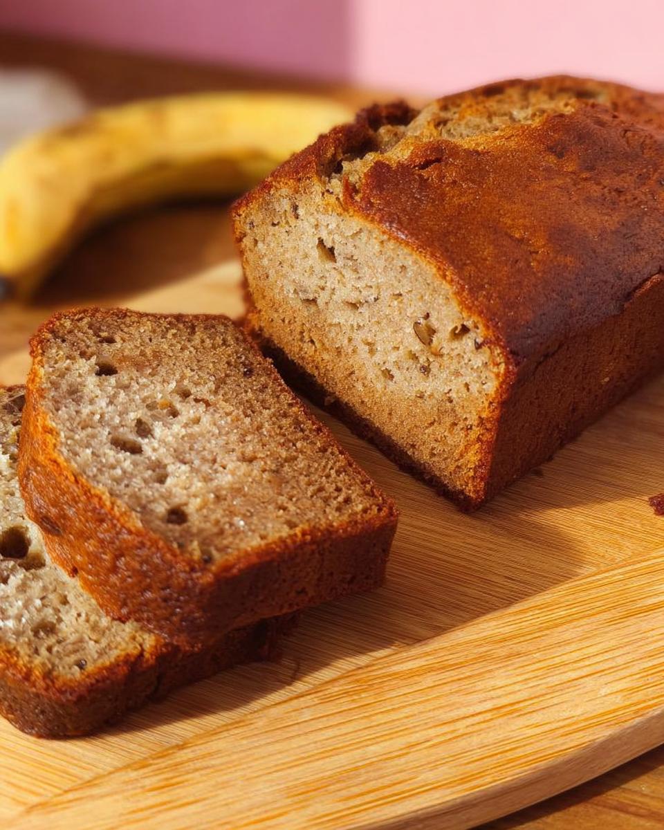 Close-up of two slices of moist 5-Ingredient Banana Bread on a wooden cutting board, with a whole banana blurred in the background.