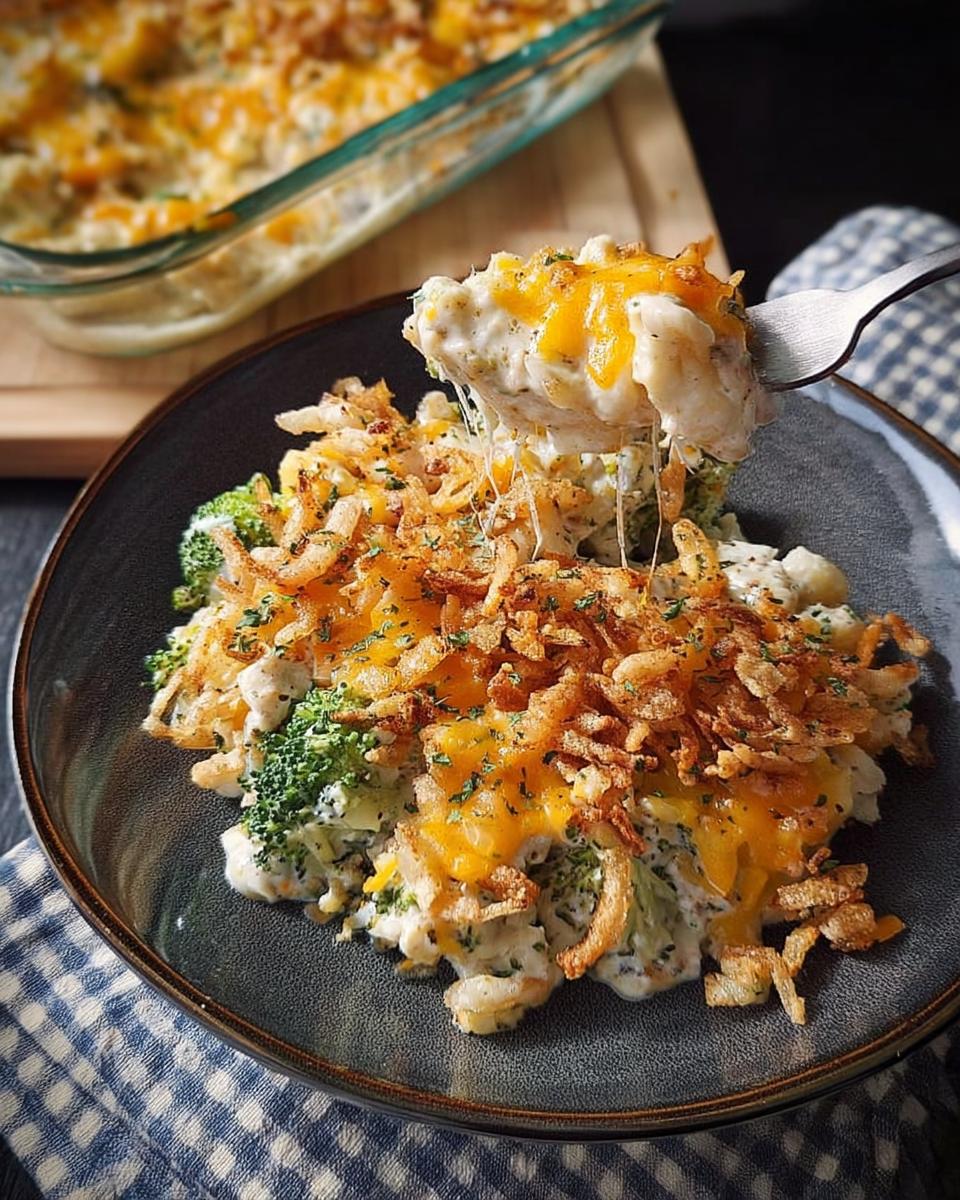 A serving of creamy broccoli cheddar casserole topped with crispy fried onions and melted cheese, part of 5-Ingredient Easy Dinner Recipes.
