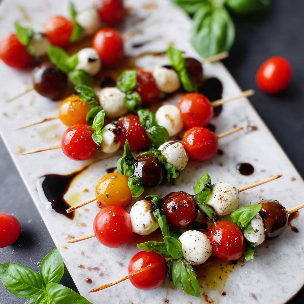 Close-up of several 5-Ingredient Caprese Skewers featuring cherry tomatoes, mozzarella balls, and basil drizzled with balsamic glaze.