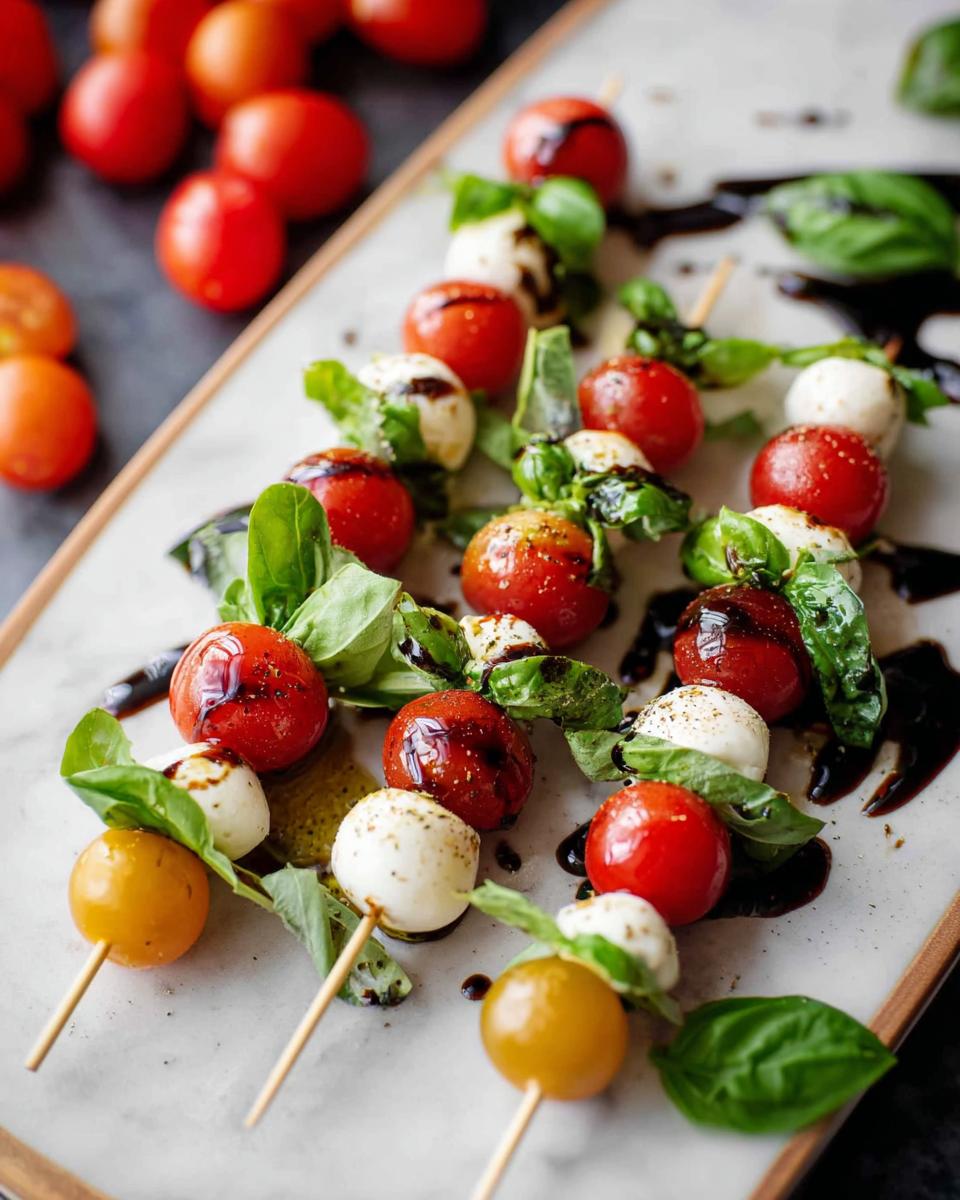 Close-up of several 5-Ingredient Caprese Skewers featuring cherry tomatoes, mozzarella balls, and basil, drizzled with balsamic glaze.