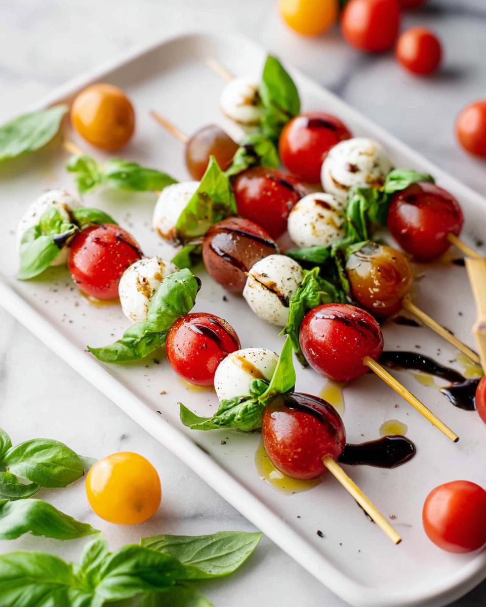Close-up of several 5-Ingredient Caprese Skewers featuring cherry tomatoes, mozzarella balls, and basil, drizzled with balsamic glaze.