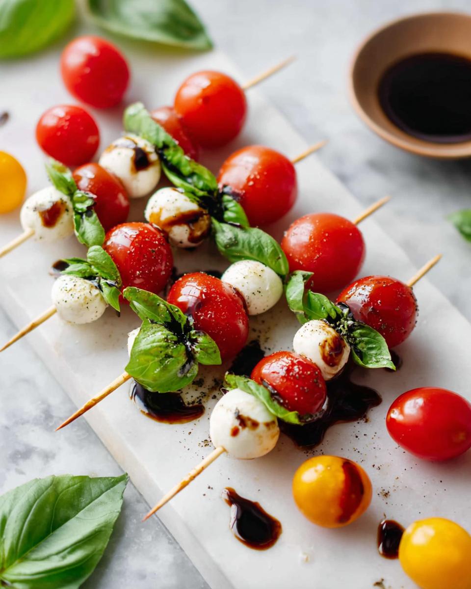 Close-up of several 5-Ingredient Caprese Skewers featuring cherry tomatoes, mozzarella balls, and basil drizzled with balsamic glaze.