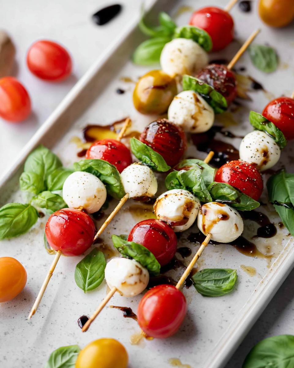 Close-up of several 5-Ingredient Caprese Skewers featuring cherry tomatoes, mozzarella balls, and basil, drizzled with balsamic glaze.