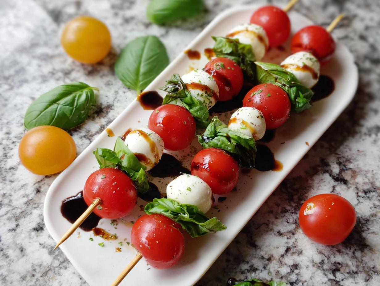 Three skewers of 5-Ingredient Caprese Skewers featuring cherry tomatoes, mozzarella balls, and basil, drizzled with balsamic glaze.