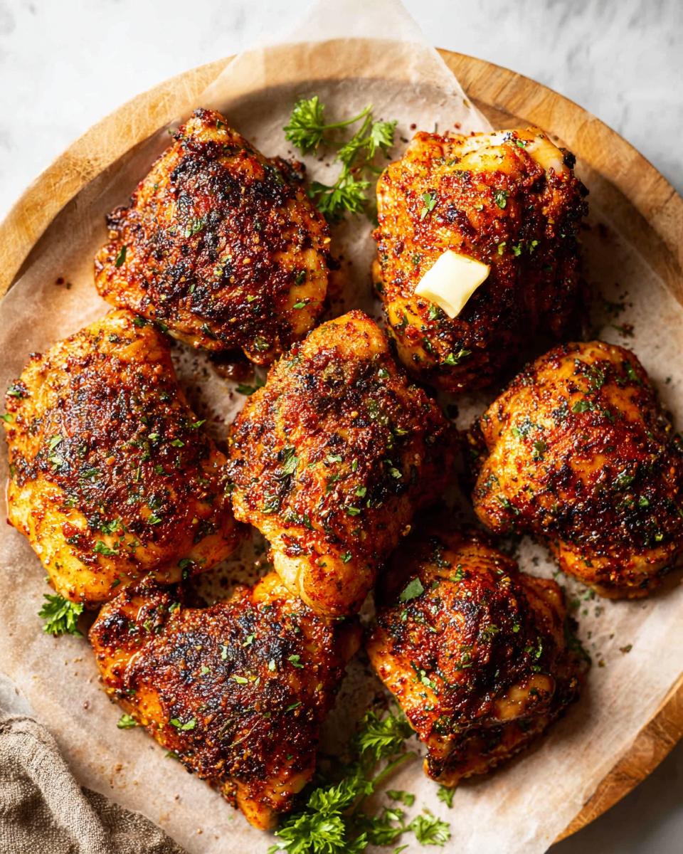 A platter of perfectly seasoned and roasted 5-ingredient chicken thighs, garnished with fresh parsley and a pat of butter.