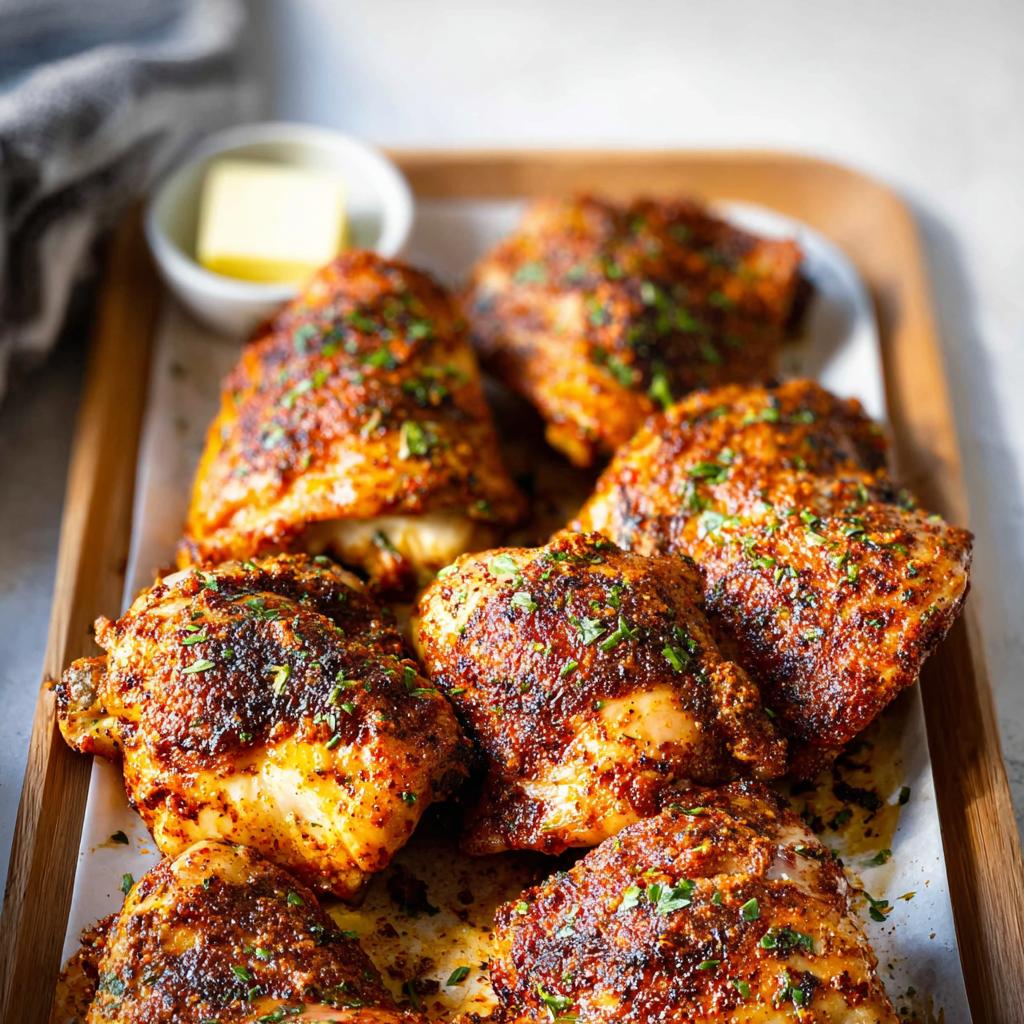 A platter of perfectly seasoned and roasted 5-ingredient chicken thighs, garnished with fresh parsley.