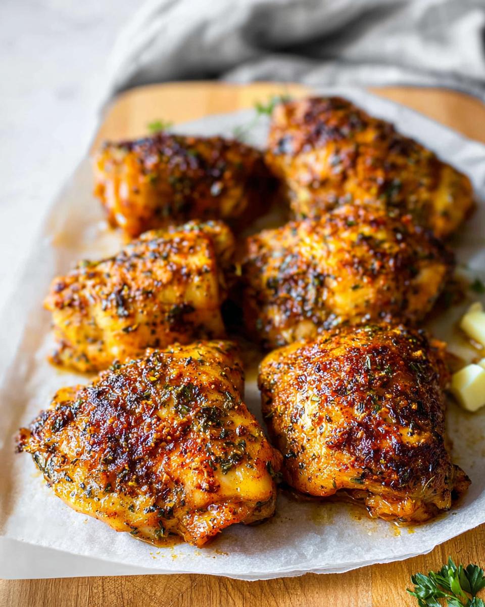 Close-up of perfectly roasted 5-ingredient chicken thighs with a flavorful spice rub and herbs.
