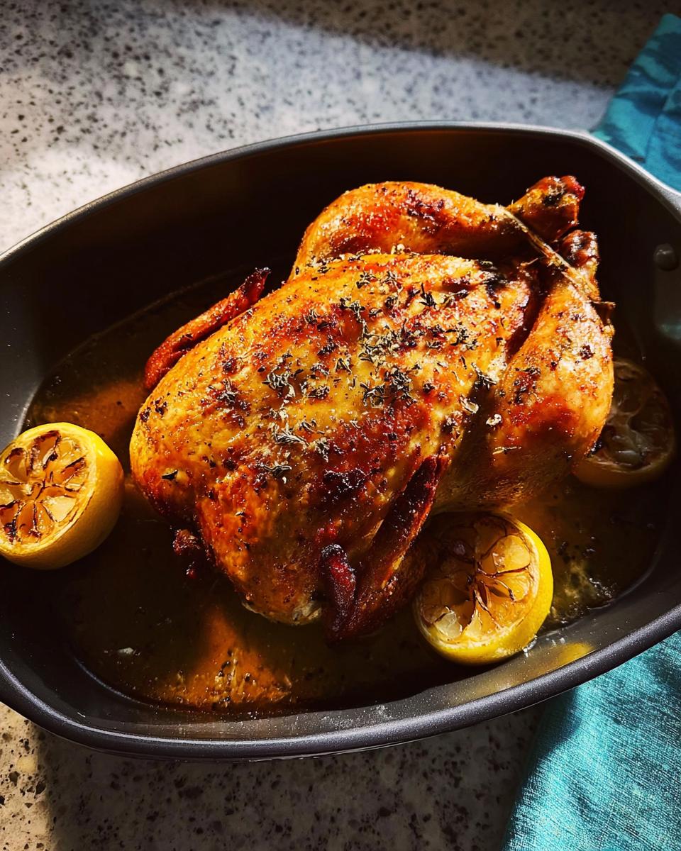 A perfectly roasted whole chicken with crispy skin, seasoned with herbs and served with lemon slices in a roasting pan. A great 5-ingredient dinner recipe.