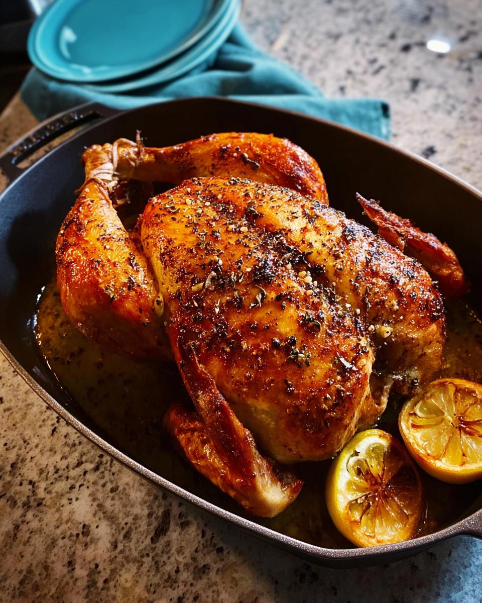 A perfectly roasted whole chicken with crispy skin, seasoned with herbs, served in a cast-iron skillet with lemon slices. Part of 5-Ingredient Dinner Recipes.