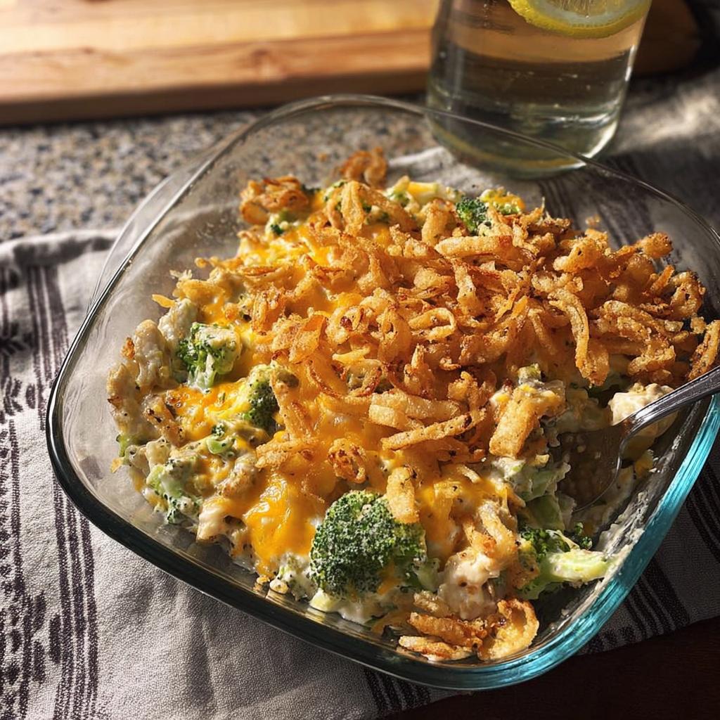 A close-up of a cheesy broccoli chicken casserole topped with crispy fried onions, part of our 5-Ingredient Easy Dinner Recipes.