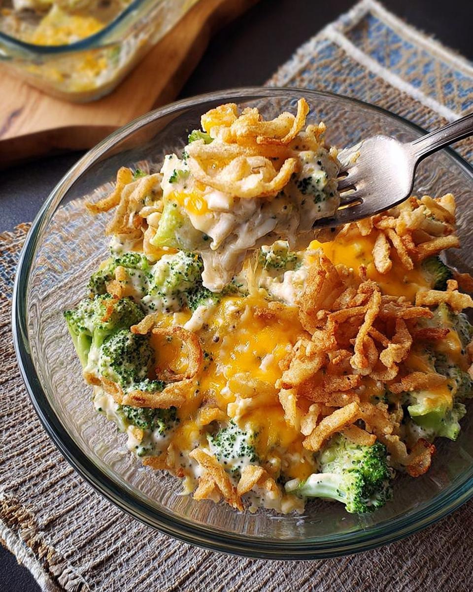 A serving of creamy broccoli cheese casserole topped with crispy fried onions, from a 5-Ingredient Easy Dinner recipe.
