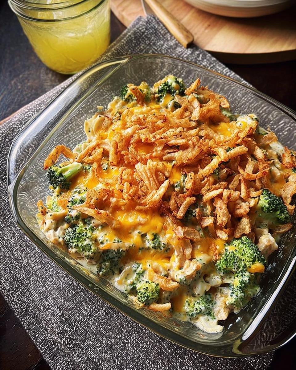 A close-up of a 5-ingredient easy dinner casserole with broccoli, chicken, melted cheese, and crispy fried onions.