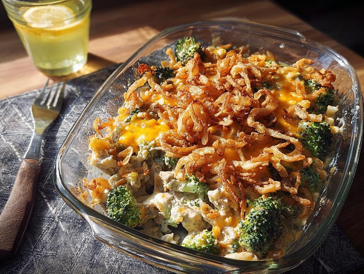 A close-up of a bubbly 5-ingredient easy dinner recipe casserole with broccoli, chicken, and crispy fried onions.