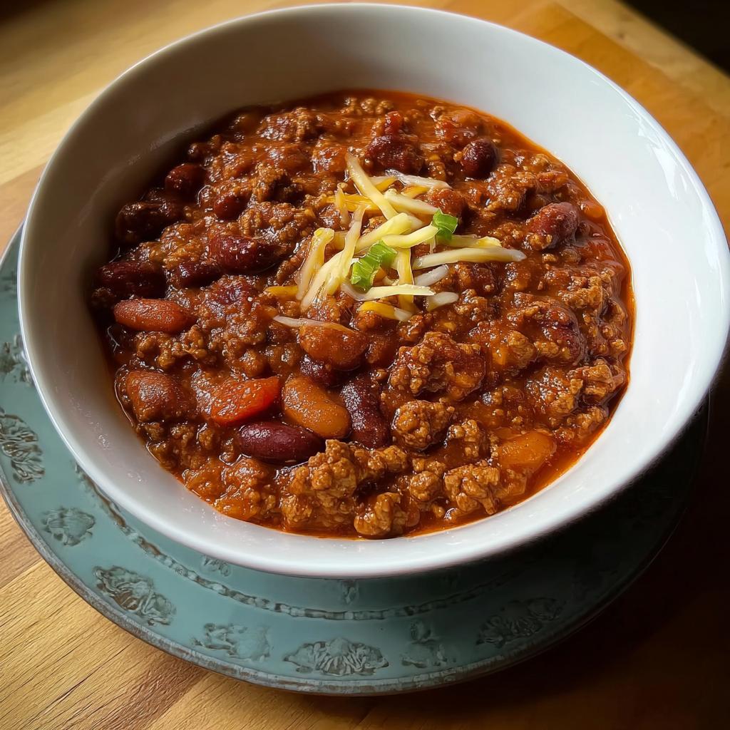 A bowl of hearty 5-ingredient ground beef chili topped with shredded cheese and green onions.