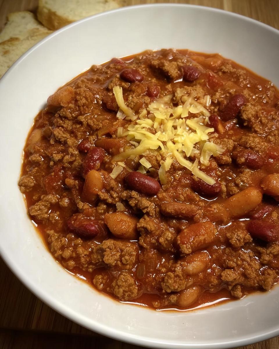A bowl of hearty 5-ingredient ground beef chili topped with shredded cheese, served with toast.