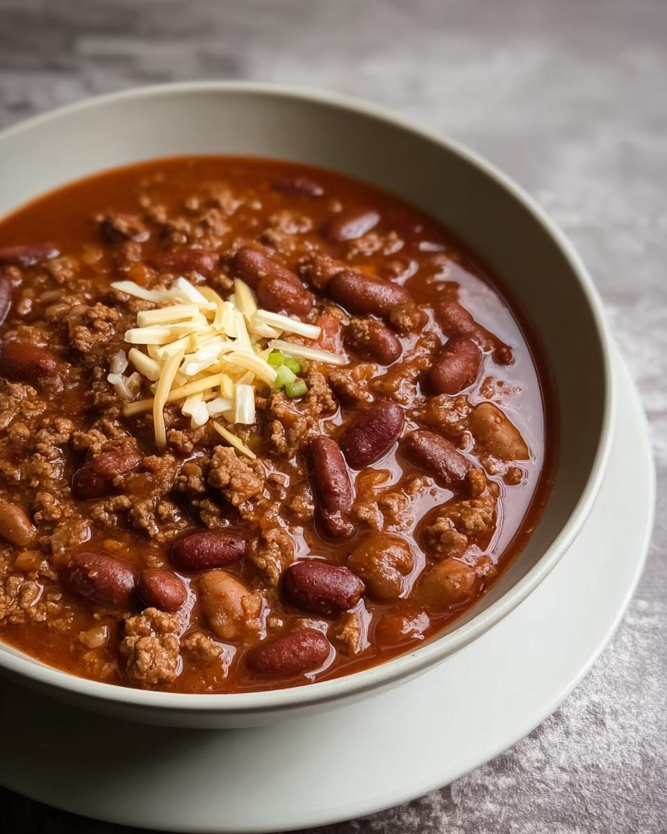 A close-up of a bowl of hearty 5-ingredient ground beef chili topped with shredded cheese and green onions.