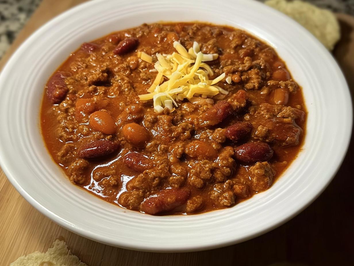 A close-up of a bowl of hearty 5-Ingredient Ground Beef Chili topped with shredded cheese.