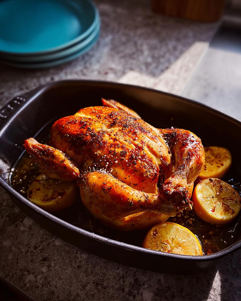 A golden-brown roasted chicken with lemon slices in a black roasting pan, seasoned with herbs and spices.