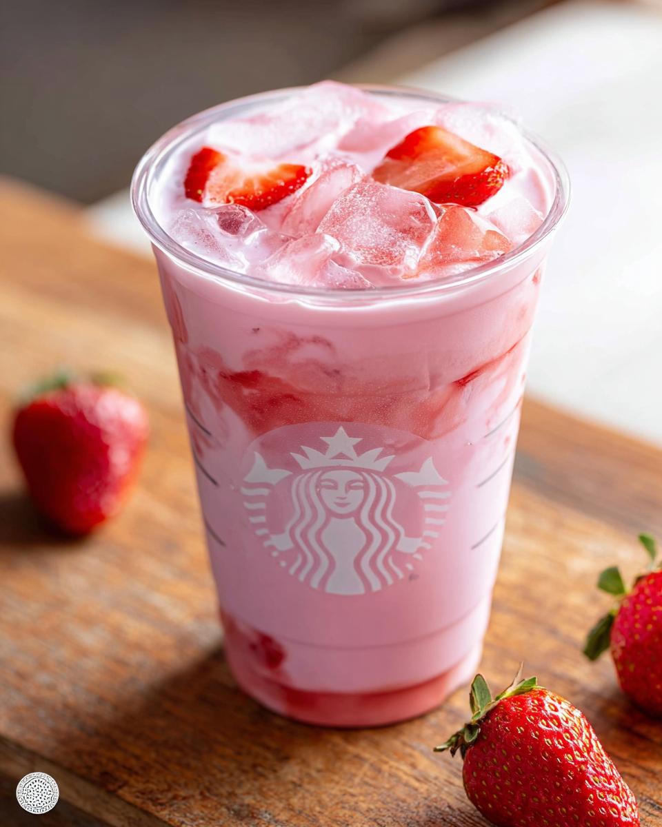 A refreshing pink strawberry drink with ice and strawberry slices, part of a 5-Ingredient Starbucks Drinks recipe.