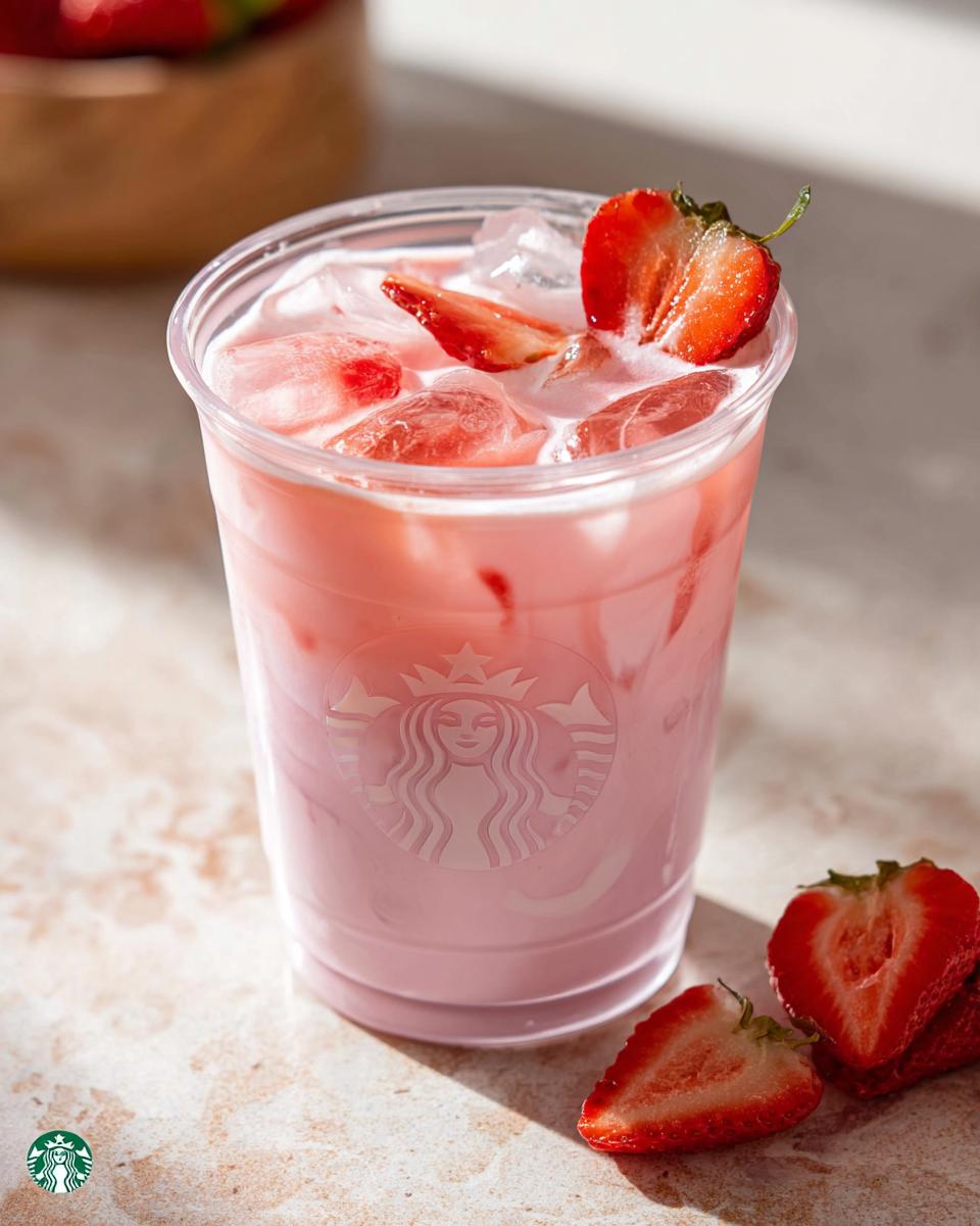 A refreshing pink strawberry Starbucks drink with ice and fresh strawberry slices, part of our 5-Ingredient Starbucks Drinks guide.