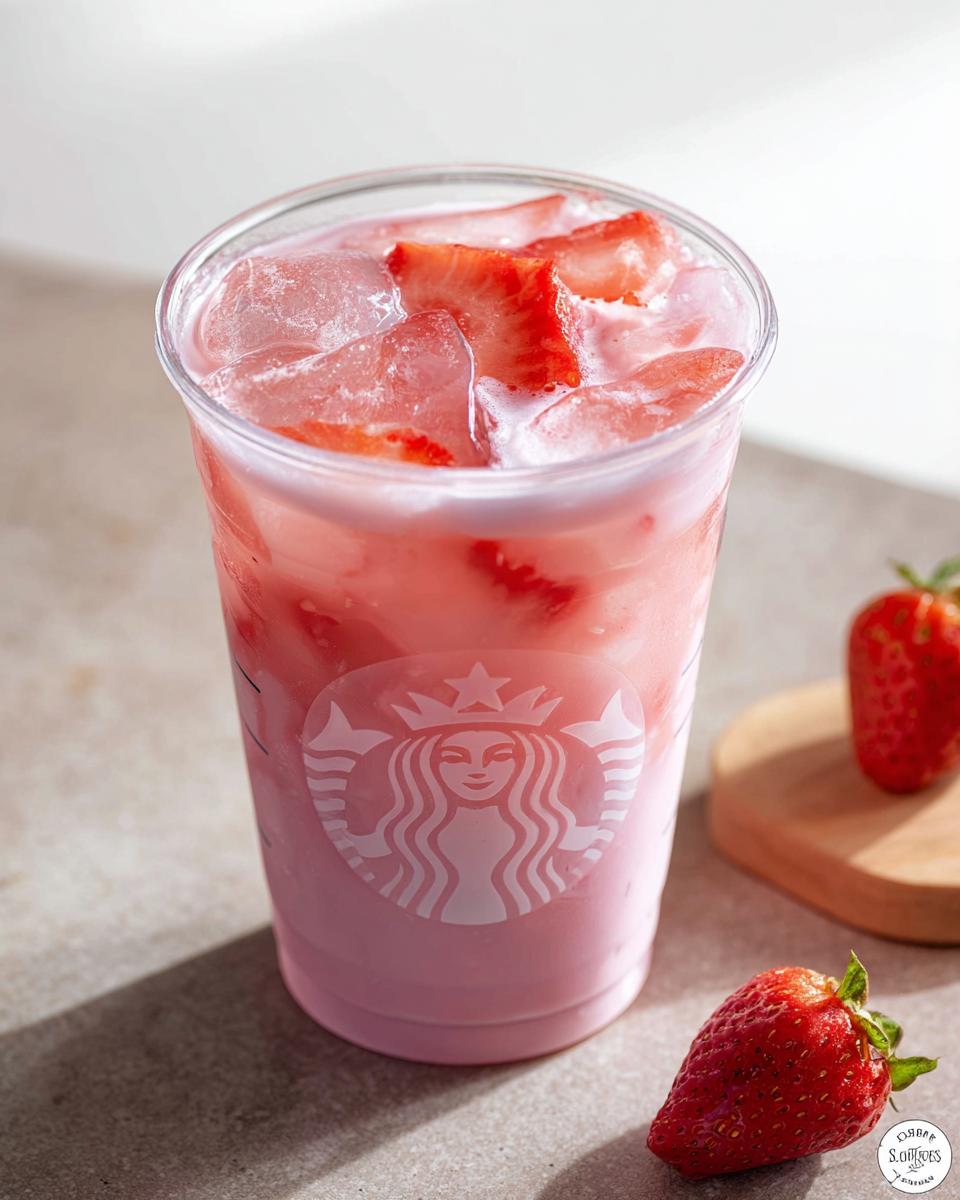 A refreshing pink strawberry drink with ice and fresh strawberry slices in a Starbucks cup.