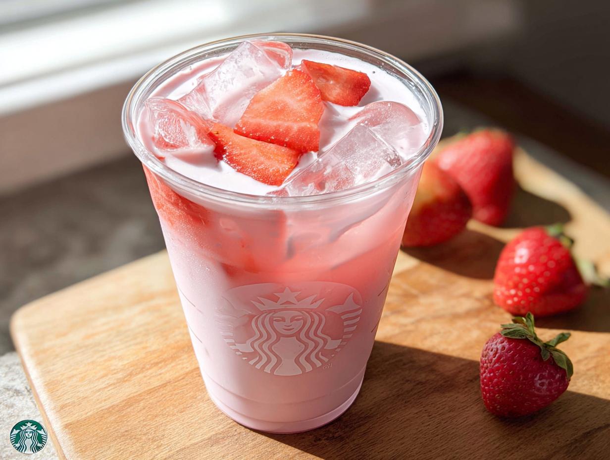 A refreshing pink strawberry Starbucks drink with ice and fresh strawberry slices, part of 5-Ingredient Starbucks Drinks.