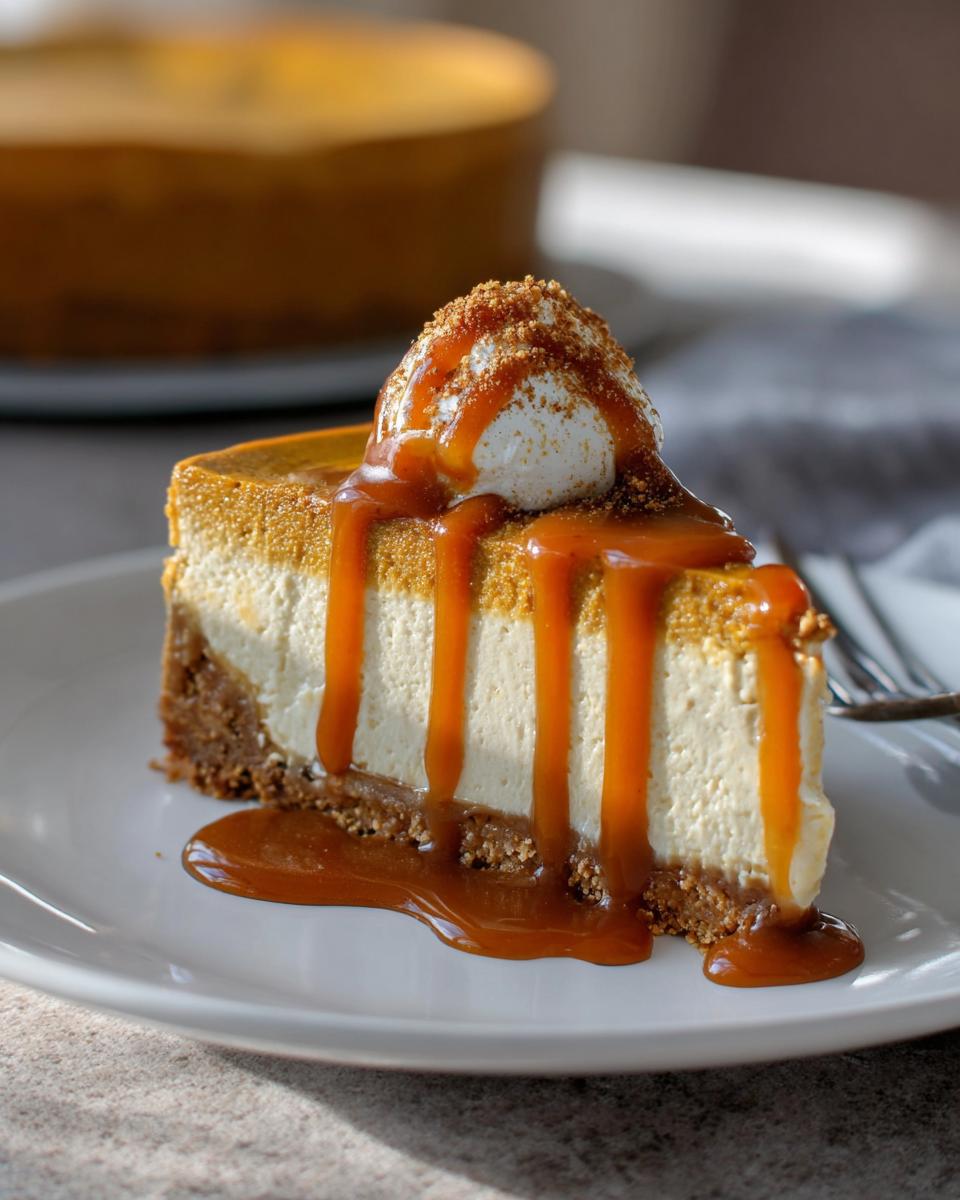 A slice of creamy cheesecake with a graham cracker crust, topped with whipped cream, caramel drizzle, and cookie crumbs, perfect for 5-Ingredient Thanksgiving Desserts.