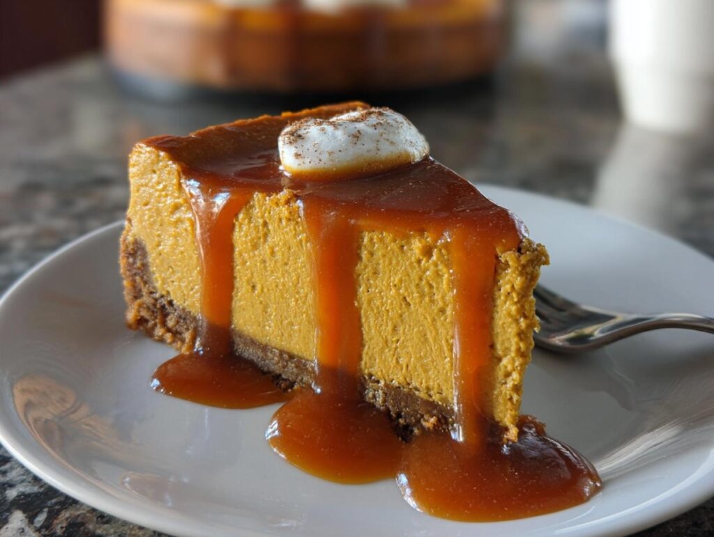 A delicious slice of 5-ingredient Thanksgiving dessert, a pumpkin cheesecake with caramel sauce and whipped cream.