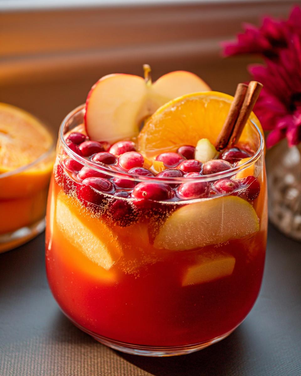 A refreshing glass of 5-Ingredient Thanksgiving Drink, filled with cranberries, apple slices, orange slices, and a cinnamon stick.