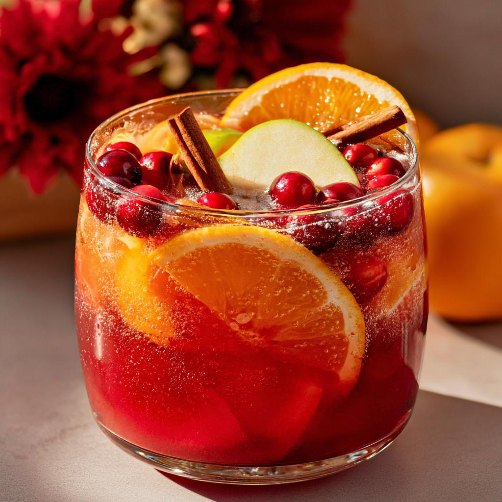 A refreshing 5-ingredient Thanksgiving drink in a glass, filled with cranberries, orange slices, apple, and cinnamon sticks.