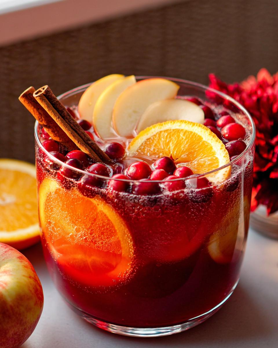 A festive glass of 5-Ingredient Thanksgiving Drink, filled with cranberries, orange slices, apple slices, and cinnamon sticks.