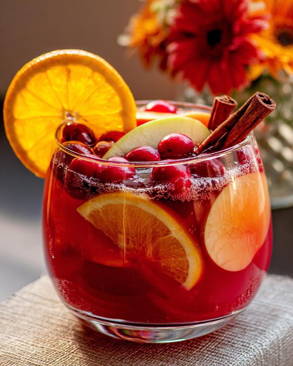 A festive glass of 5-Ingredient Thanksgiving Drink, filled with cranberries, orange slices, apple slices, and a cinnamon stick.