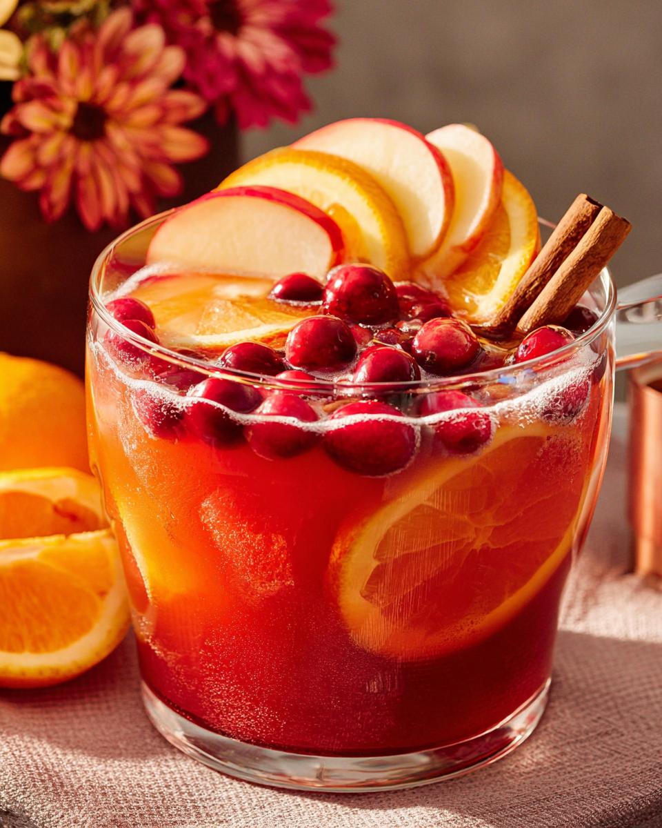 A festive 5-Ingredient Thanksgiving Drink garnished with fresh cranberries, orange slices, apple slices, and a cinnamon stick.