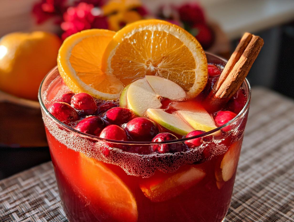 A festive 5-ingredient Thanksgiving drink in a glass, garnished with fresh cranberries, orange slices, apple slices, and a cinnamon stick.