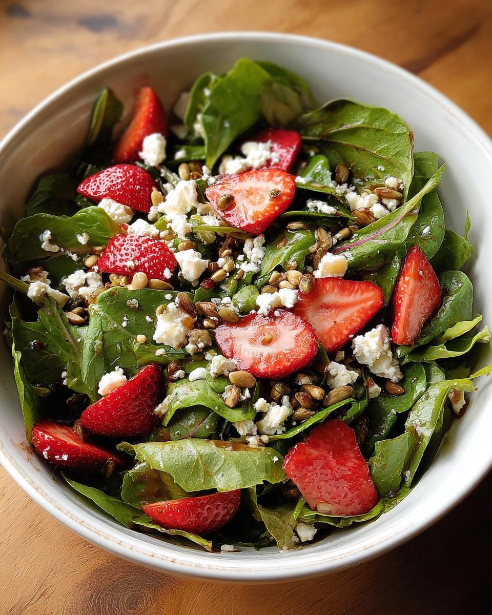 Close-up of a vibrant 5-ingredient Thanksgiving salad with strawberries, feta cheese, and seeds.