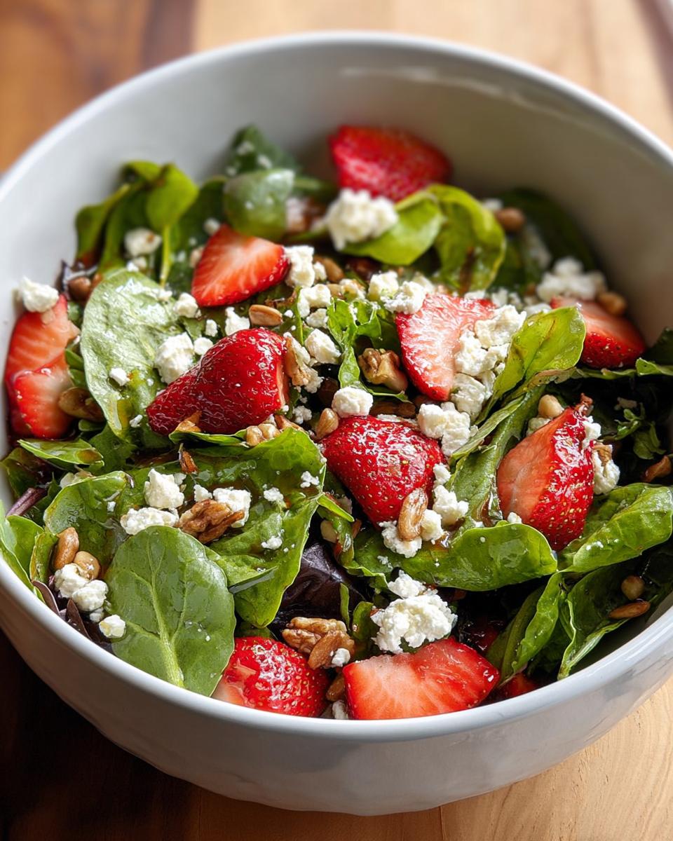 Close-up of a vibrant 5-Ingredient Thanksgiving Salad with fresh strawberries, crumbled feta cheese, and nuts.