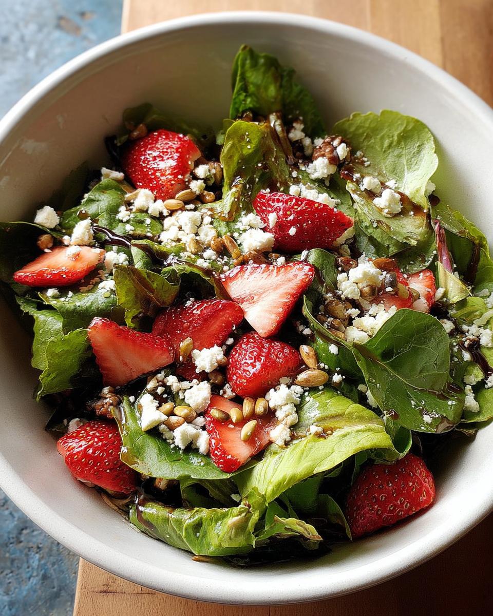 A vibrant 5-ingredient Thanksgiving salad featuring fresh strawberries, crumbled feta cheese, greens, and seeds.